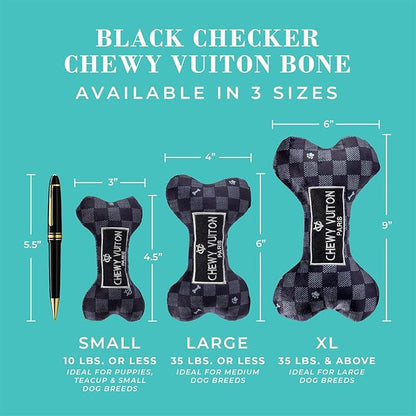 Haute Diggity Dog Black Checker Chewy Vuiton Bone, Plush Designer Dog Toys with Interactive Squeaker, Stimulating Pet Enrichment, Machine-Washable & Safe Materials for All Breeds, Size Large