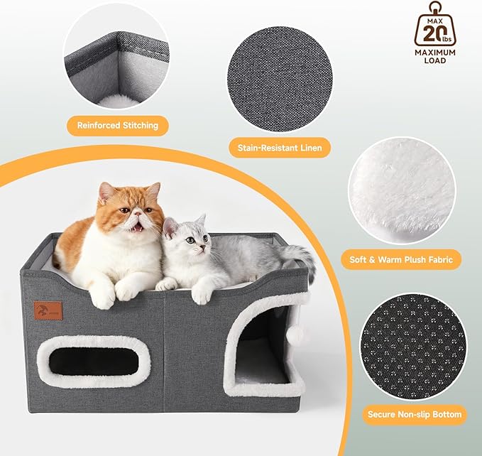 Petizer Cat House for Indoor Cats - Foldable Large Cat Bed Cave with Fluffy Ball and Scratch Pad, Cat Hideaway for Cats, Dark Grey, 23.8 x16.34 x12.8inch (Can Add Pet Heating Pad)