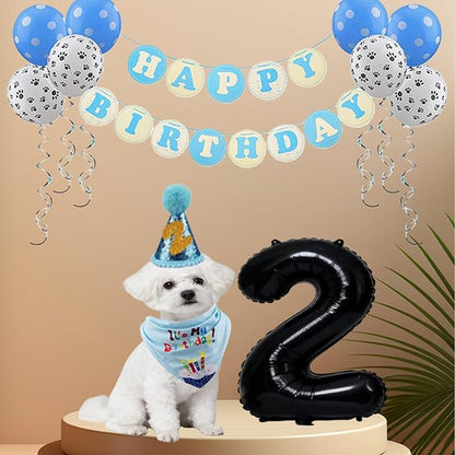 Pet Birthday Party Set,Dogs Bandana and Dog Birthday Hat with Star Pattern Design, Adjustable Sequin Bow tie Accessories, Blue Birthday Boy Scarf (Dark Blue)