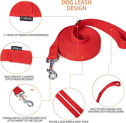 Siumouhoi Strong Durable Nylon Dog Training Leash, 1 Inch Wide Traction Rope, 6 ft 10ft 15ft Long, for Small and Medium Dog (Red, 15 Feet)