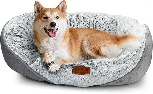 Calibonbon Long Fur Pet Bed for Medium Dogs, Plush Cat Bed with Bolster, Machine Washable Dog Bed with Non-Slip Waterproof Bottom, Orthopedic Support for Warmth & Security, 25x22 Inches