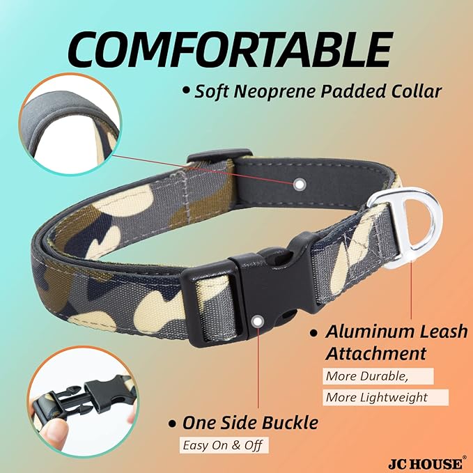 Soft Padded Dog Collar, Neck 9’’-14’’, Adjustable Heavy Duty Collar with 3M Reflective Logo for Small Dogs, Camo Green, S