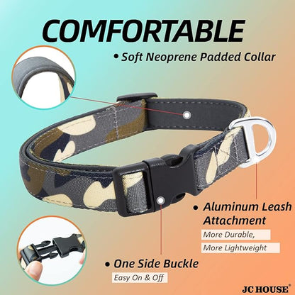 Soft Padded Dog Collar, Neck 9’’-14’’, Adjustable Heavy Duty Collar with 3M Reflective Logo for Small Dogs, Camo Green, S