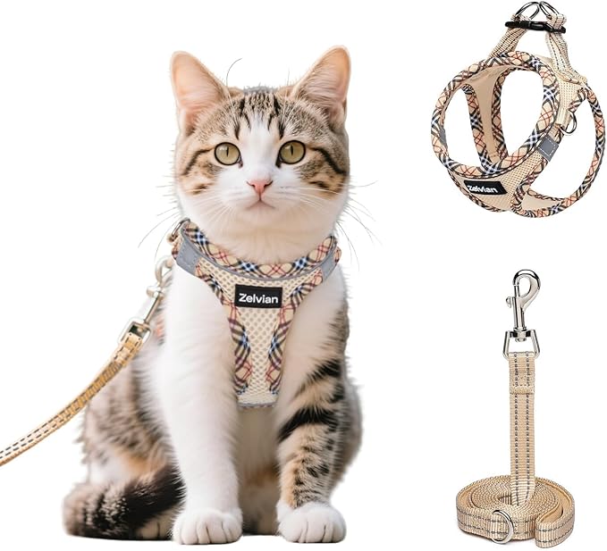 Zelvian Cat Harness and Leash Set for Walking, Escape Proof Adjustable Soft Mesh Kitten Harness with Reflective Strips, Breathable No-Choke Pet Vest for Medium Cats or Small Dogs(Beige,M)