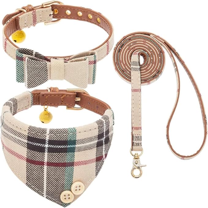 KOOLTAIL Small Dog Collar and Leash Set with Bowtie and Bells - Cute Puppy Bandana Collar and Leash with Classic Plaid Pattern, Soft Leather Tangle Free Leashes for Small Boys Girls Dogs,Cats,Beige S