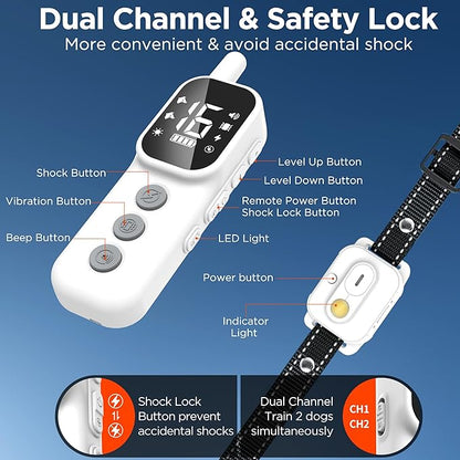 Dog Training Collar,Dog Shock Collar with Remote Control, 3300FT and 4 Training Modes Beep,Vibration,Safe Shock,LED Light,IPX7 Waterproof Rechargeable E-Collar for All Breeds (8-150lbs) - 2 Pack