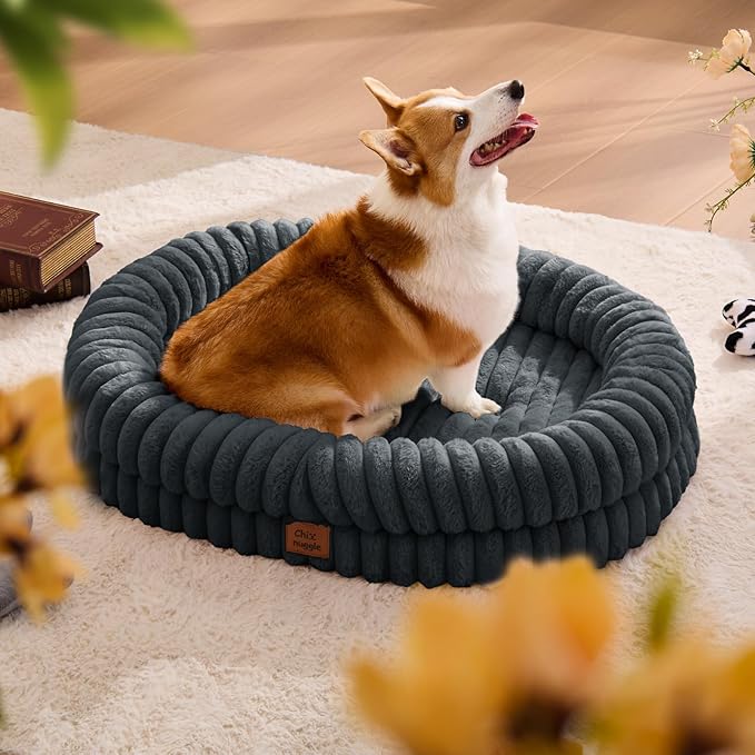 ChiXnuggle Dog Bed Large Sized Dog - Luxury Striped Faux Fur Waterproof Pet Couch with Removable Washable Cover, Orthopedic Pet Bed with Bolster Sides for Sleeping, Dark Grey