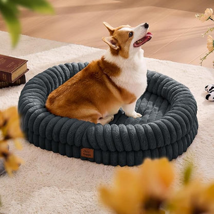 ChiXnuggle Dog Bed Large Sized Dog - Luxury Striped Faux Fur Waterproof Pet Couch with Removable Washable Cover, Orthopedic Pet Bed with Bolster Sides for Sleeping, Dark Grey