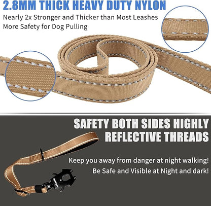 Strong Heavy Duty Dog Leash - Adjustable 15"-18" Reflective Nylon Training Leash with Padded Handle & Frog Clip, Traffic Control for Large Medium Dogs No Pull Walking Khaki