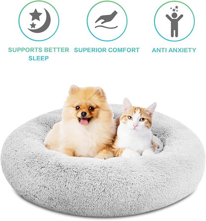 SAVFOX Plush Calming Donut Dog Beds for Small Dogs, Medium, Large & X-Large Breeds, Comfy Cuddler Dog Bed and Cat Bed in Faux Fur, Washable, Multiple Sizes S-XXL