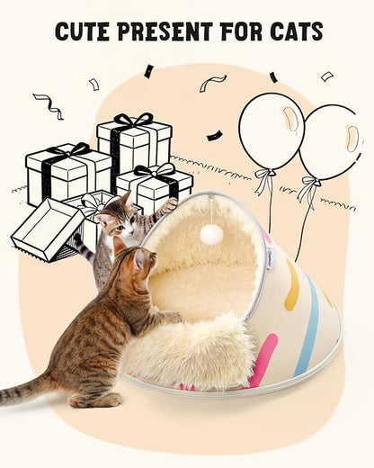 BurgeonNest 20-Inch Round Cat Bed Cave, Enclosed Hooded Pet Bed for Indoor Cats, Cozy Anti-Collapse Cave with Soft Plush, Waterproof EVA Shell, Fully Washable, Shape Retention, Beige