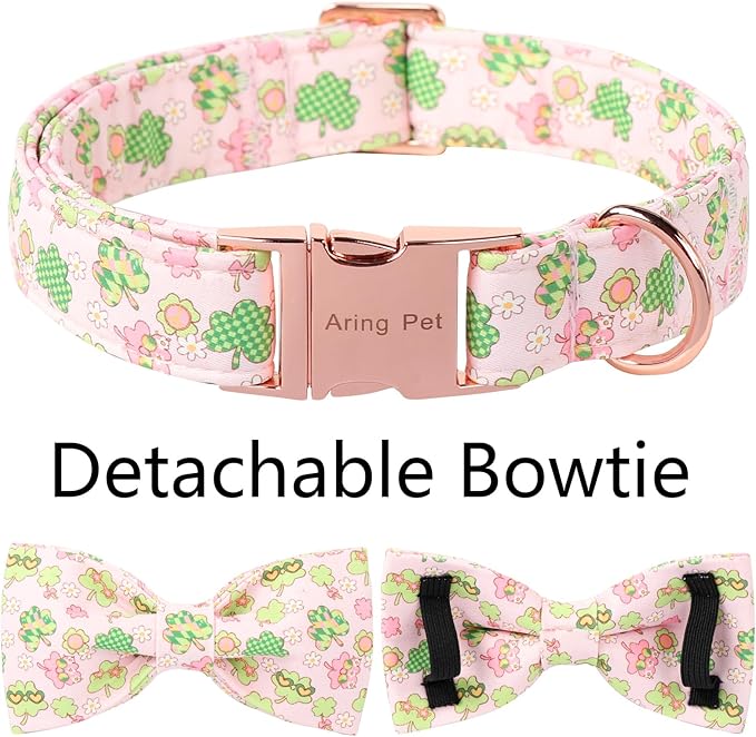 ARING PET St Patrick's Dog Collar with Bow, Cute Pink Shamrock Clovers Pets Detachable Bow Tie Collars for Puppy Small Medium Large Girl Boy Dogs-S