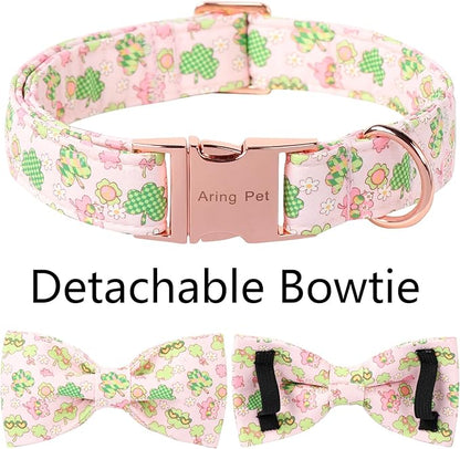 ARING PET St Patrick's Dog Collar with Bow, Cute Pink Shamrock Clovers Pets Detachable Bow Tie Collars for Puppy Small Medium Large Girl Boy Dogs-S