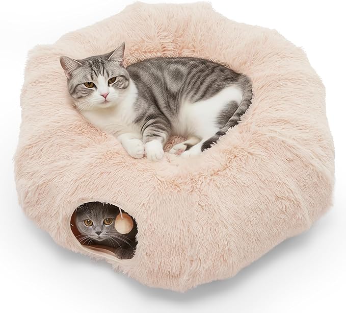 DUMOS Cat Tunnel Bed for Indoor Cats Cave Donut Play Tunnel, Soft Plush Peekaboo, Circle Cushion, Washable Multifunctional Playground Under Tree Pet Toys for Kittens, Puppy Rabbit, Ferret -Cream White