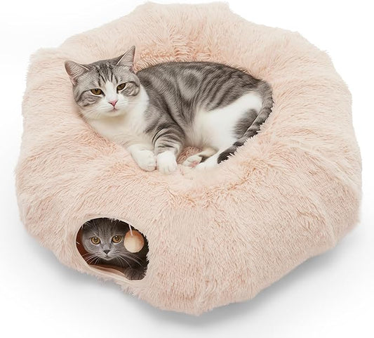 DUMOS Cat Tunnel Bed for Indoor Cats Cave Donut Play Tunnel, Soft Plush Peekaboo, Circle Cushion, Washable Multifunctional Playground Under Tree Pet Toys for Kittens, Puppy Rabbit, Ferret -Cream White