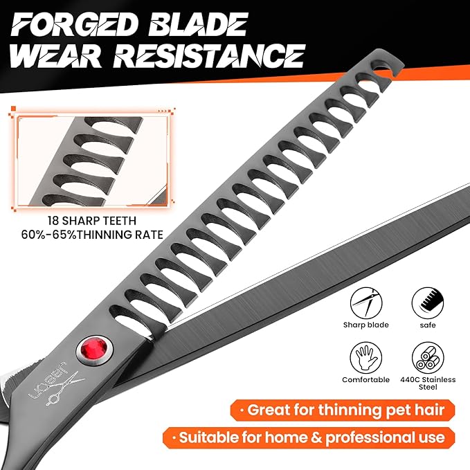JASON 7.5" Dog Grooming Scissor - Professional Thinning Chunker Shear with 18 Teeth Japanese Stainless Steel Hair Scissors for Dogs, Cats and Other Pets (Chunker, Black) Christmas Gift
