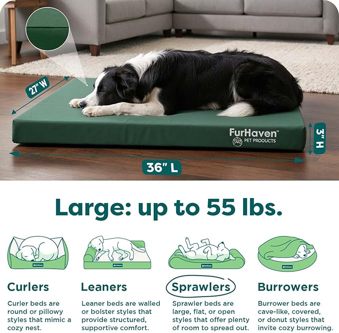 Furhaven Water-Resistant Orthopedic Dog Bed for Large/Medium Dogs w/ Removable Washable Cover, For Dogs Up to 55 lbs - Indoor/Outdoor Logo Print Oxford Polycanvas Mattress - Forest, Large