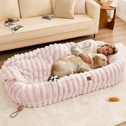 ChiXnuggle Human Dog Bed for Adult - Luxury Striped Faux Fur Giant Dog Bed with Portable Handle, Egg Orthopedic Foam Pad with Thick Warm Blanket, 72"x40"x10", Pink