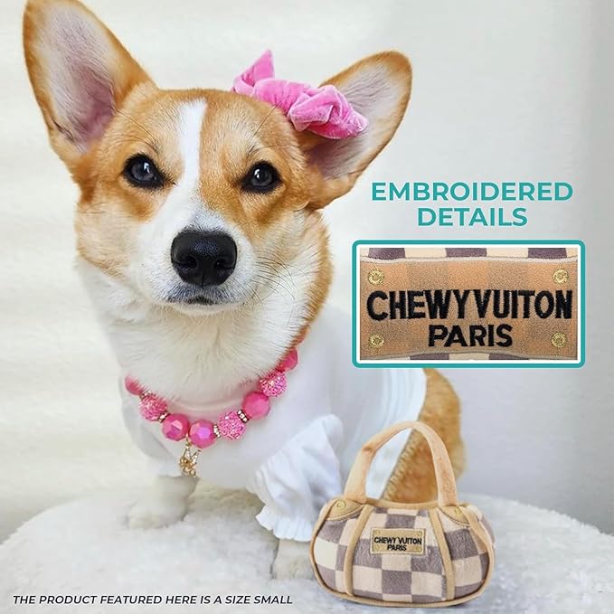 Haute Diggity Dog Checker Chewy Vuiton Handbag, Plush Designer Dog Toys with Interactive Squeaker, Stimulating Pet Enrichment, Machine-Washable & Safe Materials for All Breeds, Size Small