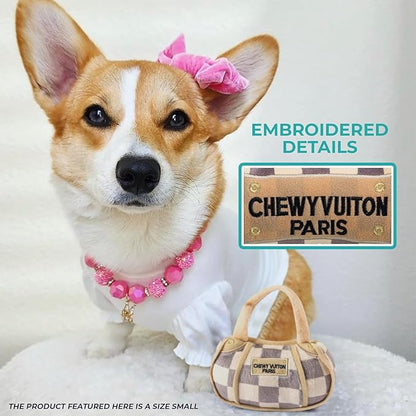 Haute Diggity Dog Checker Chewy Vuiton Handbag, Plush Designer Dog Toys with Interactive Squeaker, Stimulating Pet Enrichment, Machine-Washable & Safe Materials for All Breeds, Size Small