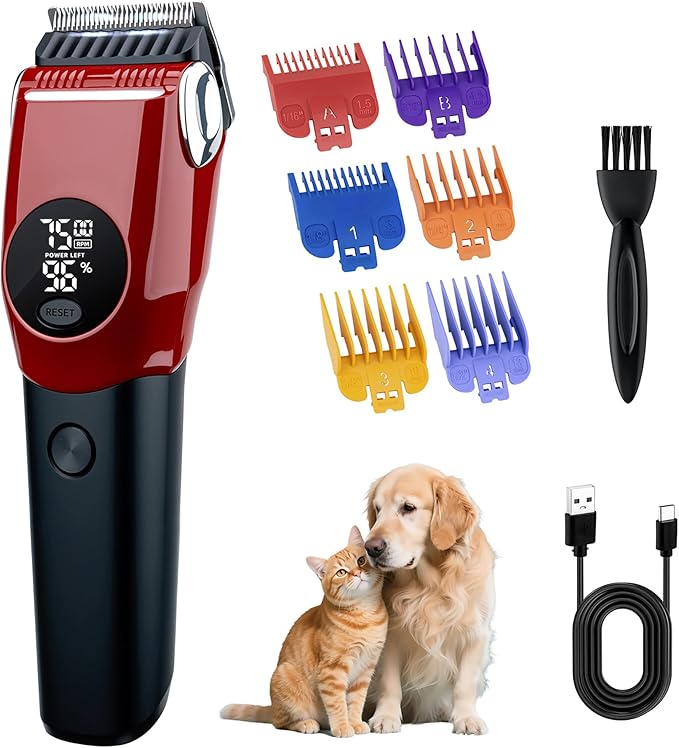 Mcbazel Dog Clippers Grooming Kit, Low Noise Rechargeable Cordless Adjustable Pet Hair Shaver Trimmers Set for Dogs, Cats and Other Pets - Red