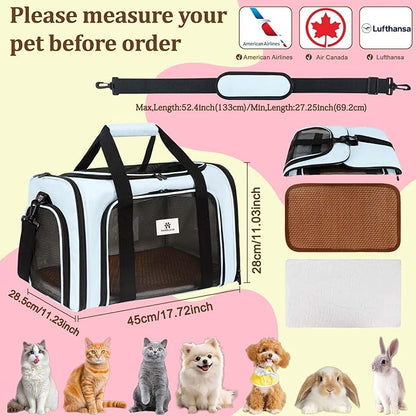 DSDCDJ Cat Carrier Dog Carrier - Soft-Sided Cat Carrier with Plush Pad & Cooling Mat, Easy-Load 4-Side Zipper & 3-Side Mesh Ventilation, Pet Carrier Airline Approved for Cats/Dogs Up to 20 lbs, Blue