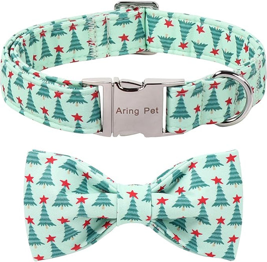 ARING PET Christmas Dog Collar with Bow, Cute Xmas Green Christmas Tree Bowtie Pet Collars for Puppy Small Medium Large Girl Boy Dogs-S