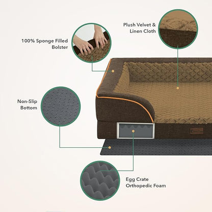Casa Paw Orthopedic Dog Beds for Extra Large Sized Dogs, Waterproof Memory Foam XL Pet Bed with Sides 48x30Inch, Non-Slip and Egg-Crate Foam Big Dog Couch Bed with Removable Washable Cover, Brown
