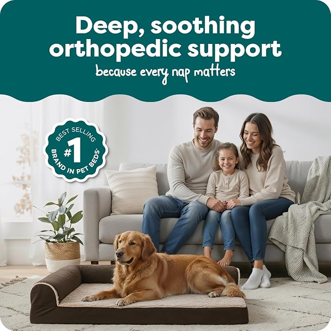 FurHaven Orthopedic Dog Bed for Large Dogs, L-Shaped Chaise Mattress with Orthopedic Egg Crate with a Solid Orthopedic Foam Base for Joint Support, Washable Cover, Jumbo XL, Faux Fur & Suede, Espresso