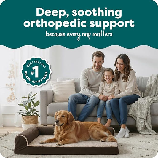 FurHaven Orthopedic Dog Bed for Large Dogs, L-Shaped Chaise Mattress with Orthopedic Egg Crate with a Solid Orthopedic Foam Base for Joint Support, Washable Cover, Jumbo XL, Faux Fur & Suede, Espresso