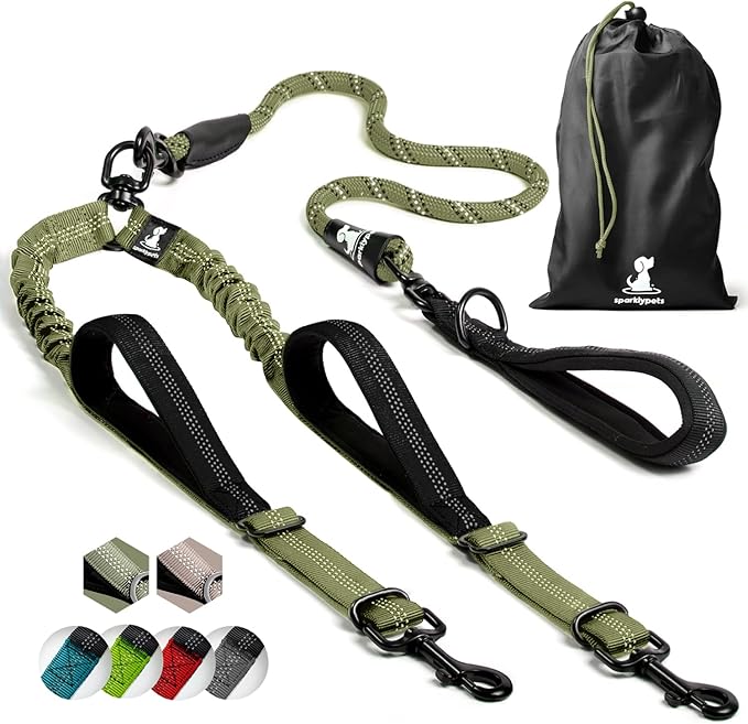 SparklyPets - Double Dog Bungee Rope Leash - Dual Dog Lead for Medium and Large Breeds - Padded Handles, No Tangle - Flow Leash, 2 Dogs Walking Accessory