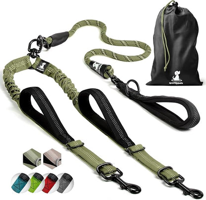 SparklyPets - Double Dog Bungee Rope Leash - Dual Dog Lead for Medium and Large Breeds - Padded Handles, No Tangle - Flow Leash, 2 Dogs Walking Accessory