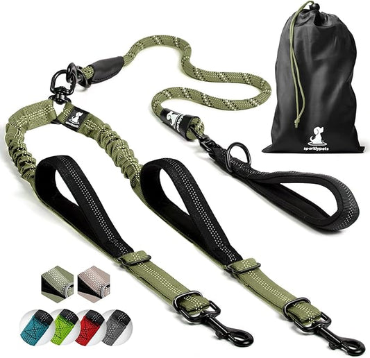 SparklyPets - Double Dog Bungee Rope Leash - Dual Dog Lead for Medium and Large Breeds - Padded Handles, No Tangle - Flow Leash, 2 Dogs Walking Accessory