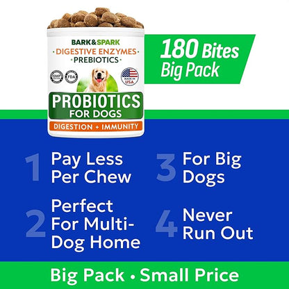 BARK&SPARK Dog Probiotics & Digestive Enzymes (Gut Health) Allergy & Itchy Skin - Pet Diarrhea Gas Treatment Upset Stomach Relief, Digestion Health Prebiotic Supplement Tummy Treat (180Ct Chicken)
