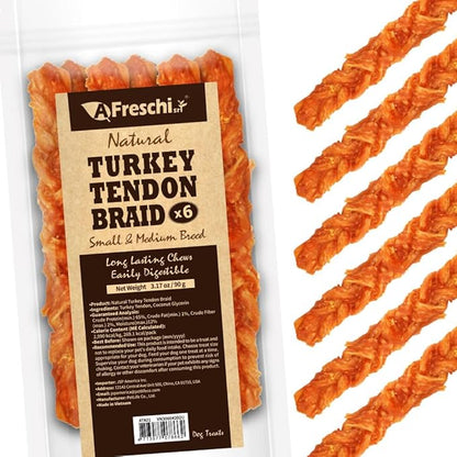 A Freschi srl Turkey Tendons for Dogs, USA-Sourced, Healthy Dog Treats, Rawhide-Free Puppy Chews, Long Lasting, All Natural, Hypoallergenic Dog Treats for Medium Breeds, 6 Count Pack Braid (M)