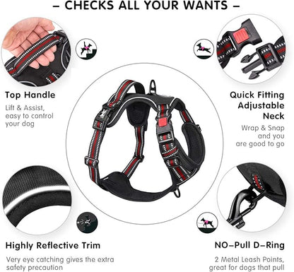 PoyPet No Pull Dog Harness, [Release at Neck] Reflective Adjustable No Choke Pet Vest with Front & Back 2 Leash Attachments(Black+Red,L)