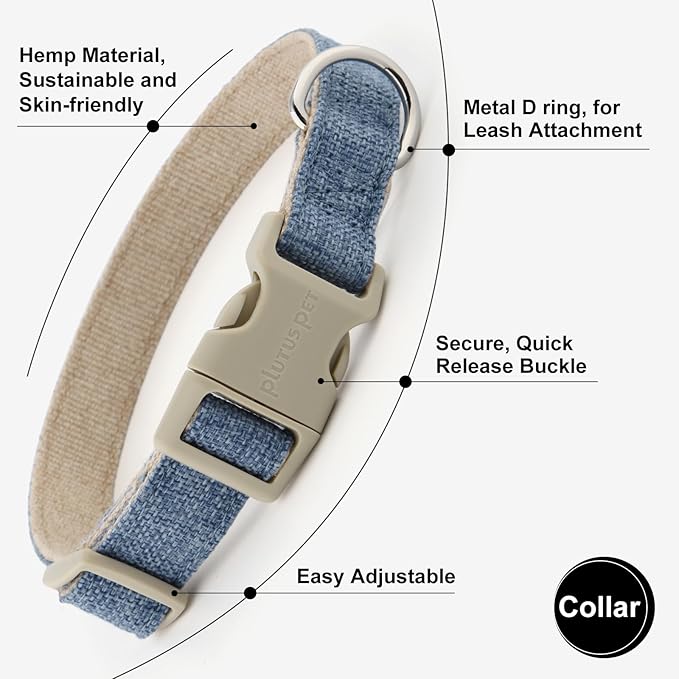 Plutus Pet Cotton Hemp Dog Collar and Leash Set, Adjustable Collar for Small, Medium, and Large Dogs, Heavy Duty and Soft on Skin, Haze Blue, S
