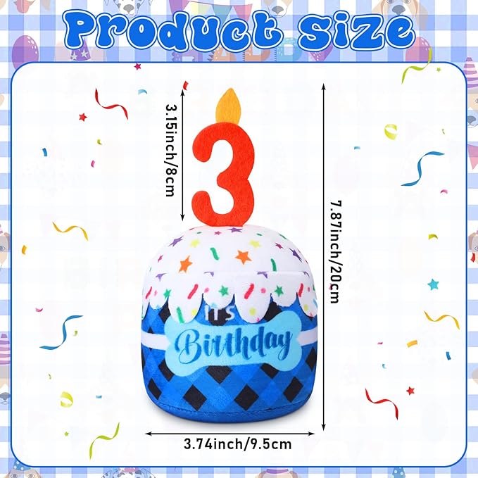 Dog 3rd Birthday Cake Toy Accessories for Girl Boy Gifts, Blue Grid Squeaky Plush Toy for Dog Birthday Party Decor Favor for Large, Medium and Small Dogs