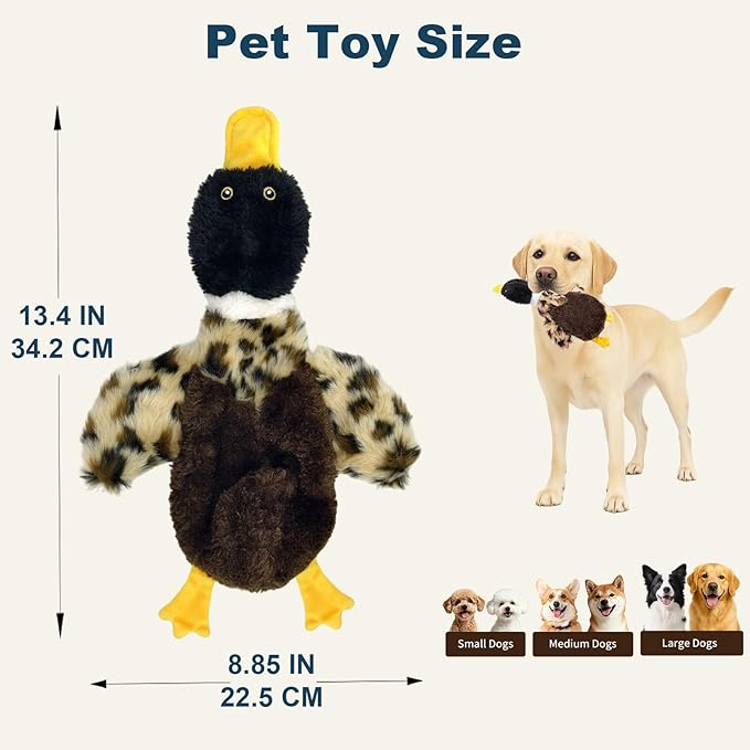Calibonbon Duck Dog Squeaky Toy for Aggressive Chewers - No Stuffing Durable Plush with 4 Squeakers & Crinkle Wings, Chew Proof Puppy Toys for Small Medium Large Dogs (Black & Brown)