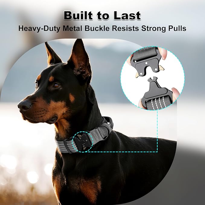 Plutus Pet Tactical Dog Collar with Tracker Pocket for AirTag, Adjustable Reflective Nylon Collar, Metal Buckle, Leather-Wrapped Handle, Soft Padded for Medium Large Dogs (Gray, S)