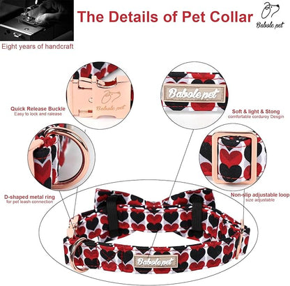 Valentines Dog Collar for Small Dog with Bow Tie, Red&Black Love Heart Valentine Dog Collars with Safety Metal Buckle Adjustable Puppy Collars for Boy & Girl Dogs XS