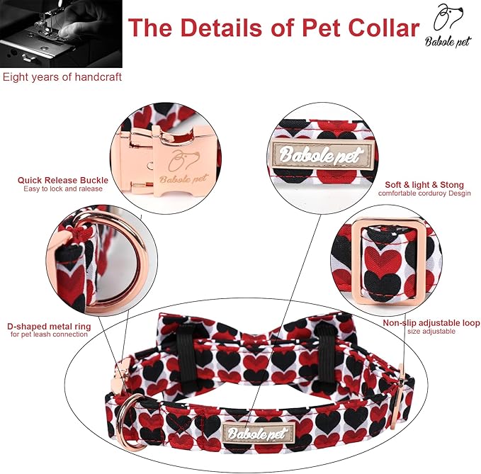 Valentines Dog Collar for Large Dog with Bow Tie, Red&Black Love Heart Valentine Dog Collars with Safety Metal Buckle Adjustable Puppy Collars for Boy & Girl Dogs L