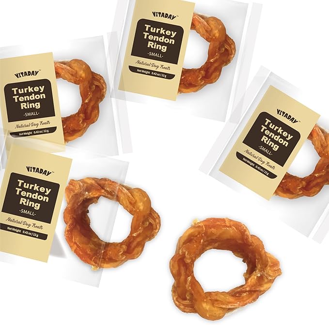 VITADAY Turkey Tendons for Dogs, All Natural, Healthy Dog Treats, Long Lasting, Hypoallergenic Dog Chews, Rawhide Free, USA-Sourced, for Small Dogs, Ring (S), 4 Count Pack