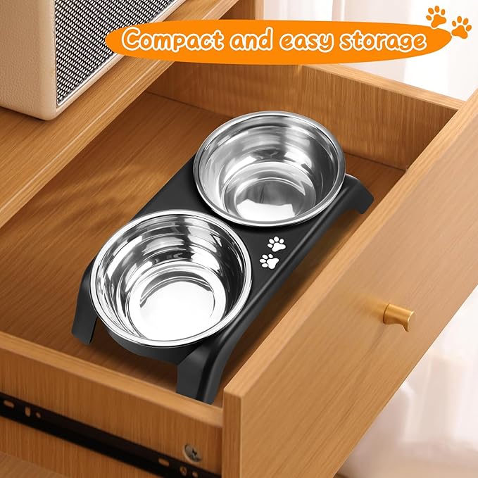 Elevated Dog Bowls for Small Dogs, 3” High Raised Dog Bowl Stand with Dual 5” Stainless Steel Bowls Non-Slip Pet Feeder for Puppy and Cats, Dishwasher Safe, Black