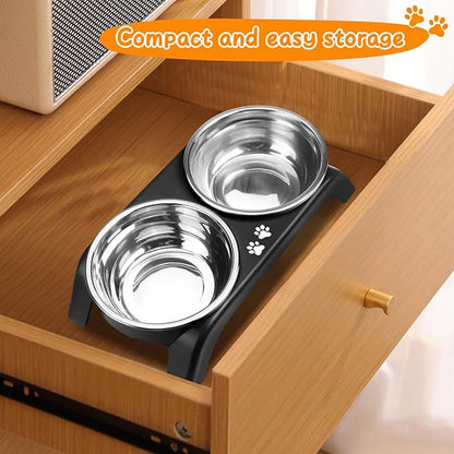 Elevated Dog Bowls for Small Dogs, 3” High Raised Dog Bowl Stand with Dual 5” Stainless Steel Bowls Non-Slip Pet Feeder for Puppy and Cats, Dishwasher Safe, Black