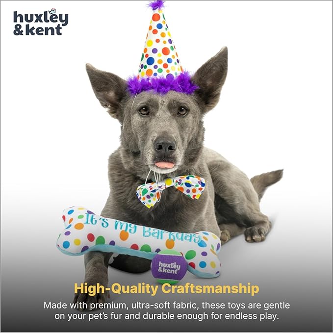 Huxley & Kent Celebration Box for Dogs - Fun Gift Kit with Plush Squeaky Toys, Party Hat, Bow Tie & Banner - Birthday, Gotcha Day & Special Occasion Dog Kit - Happy Barkday Box, Small