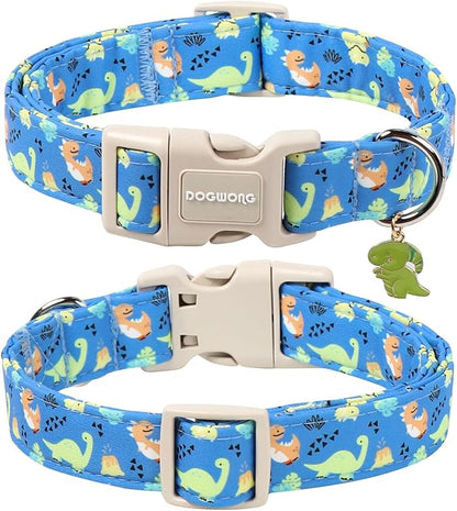 DOGWONG Blue Dog Collar Adjustable Soft Natural Fabric Boy Pet Dog Collar Cute Dinosaur Dog Collars for Small Medium Large Dogs