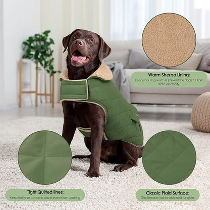 Winter Coat for Medium Dogs, Dog Plaid Jacket, Pets Coat for Cold Weather, Windproof Warm Garments, Pet Thickened Outfits Indoor Outdoor, Army Green M