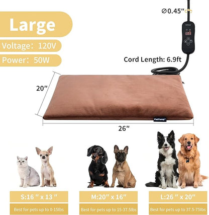 PetTemp Large Dog Heating Pad & Heated Pet Bed for Big Dogs and Multiple Pets, Waterproof Pet Heating Pad with 5 Adjustable Heat Settings, Timer, Auto Shut-Off and Chew Resistant Cord, 26'' x 20''
