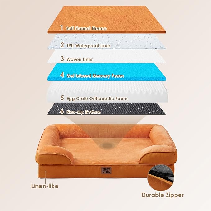 EHEYCIGA Orthopedic Dog Beds for Extra Large Dogs, Waterproof Memory Foam XXL Dog Bed with Sides, Non-Slip Bottom and Egg-Crate Foam Big Pet Couch Bed with Washable Removable Cover,Pumpkin Orange